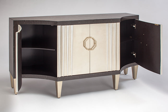 "4504-S Champagne Metallic 4-Door Wood Cabinet with Glass Top" | Vrxco.com