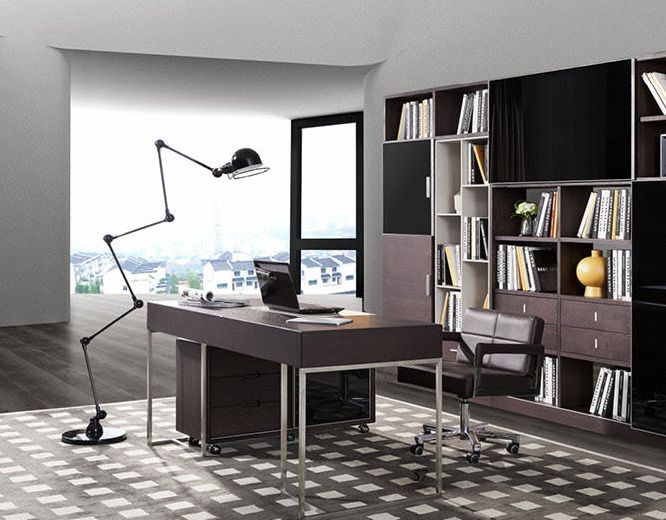 Modrest Ezra Modern Brown Oak and Grey Office Desk with Side Cabinet showcasing stylish design and functionality | Vrxco.com