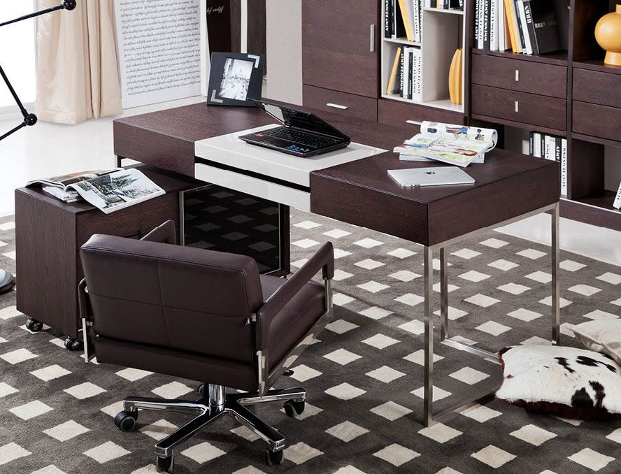 Modrest Ezra Modern Brown Oak and Grey Office Desk with Side Cabinet showcasing stylish design and functionality | Vrxco.com