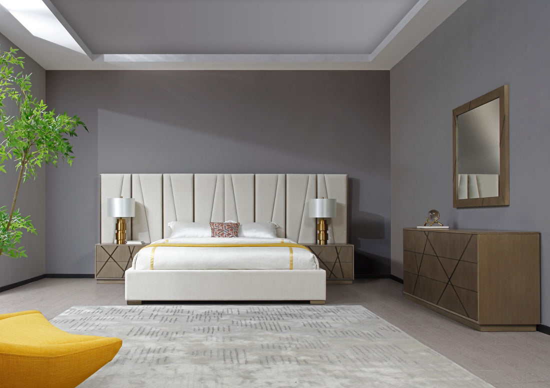 "Modrest Nixa Beige Velvet & Brushed Bronze & Birch Wood Bedroom Set - Modern luxury bedroom set" | Vrxco.com