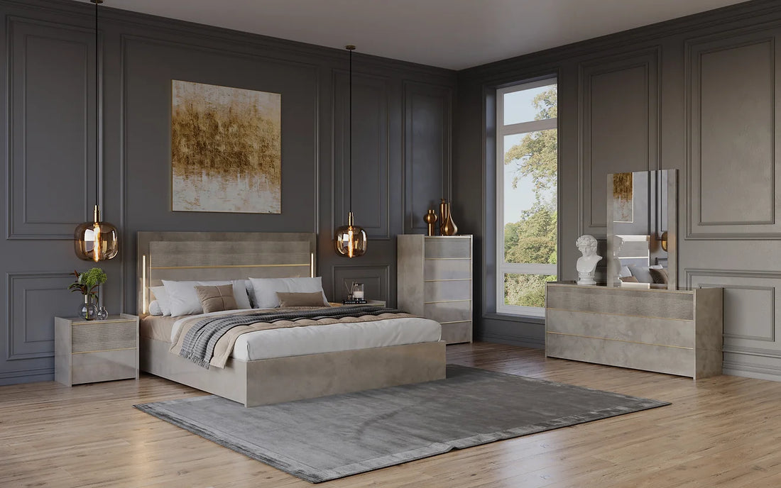 "Grey Sole Collection LED Bedroom Set with modern design and integrated LED lighting" | Vrxco.com