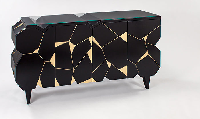 4498-S Black with Antique Gold Detail 4-Door Wood Cabinet with elegant design | Vrxco.com