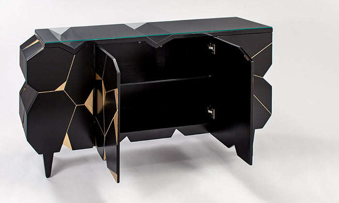 4498-S Black with Antique Gold Detail 4-Door Wood Cabinet with elegant design | Vrxco.com