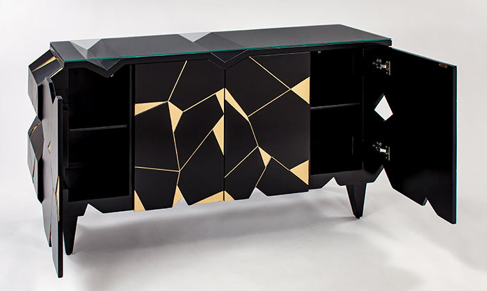 4498-S Black with Antique Gold Detail 4-Door Wood Cabinet with elegant design | Vrxco.com