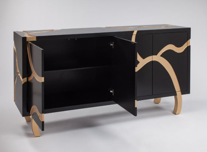 "7F05-SB Black and Gold 4-Door Wood Cabinet with elegant design" | Vrxco.com