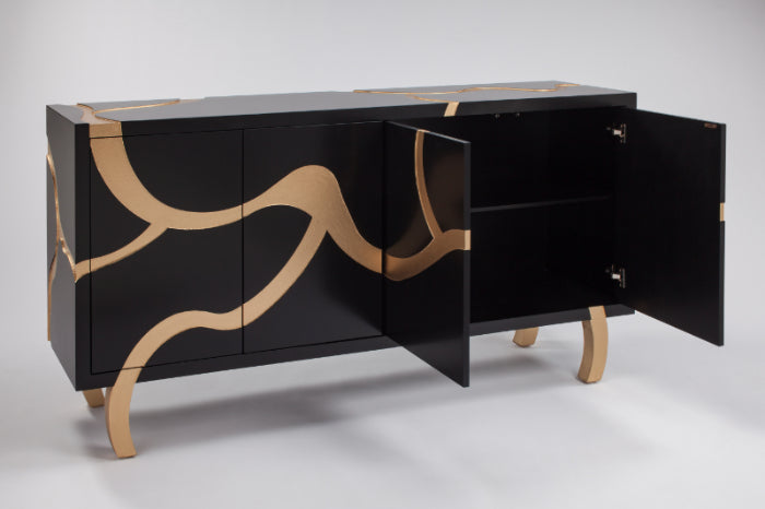 "7F05-SB Black and Gold 4-Door Wood Cabinet with elegant design" | Vrxco.com