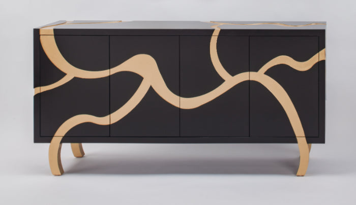 "7F05-SB Black and Gold 4-Door Wood Cabinet with elegant design" | Vrxco.com