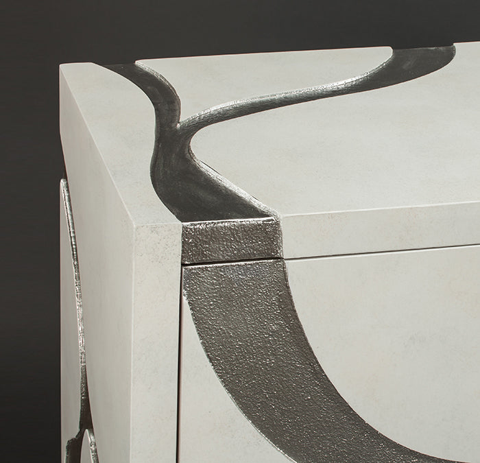 "7F05-S Frosty White with Silver Inlay 4-Door Wood Cabinet with sophisticated design" | Vrxco.com