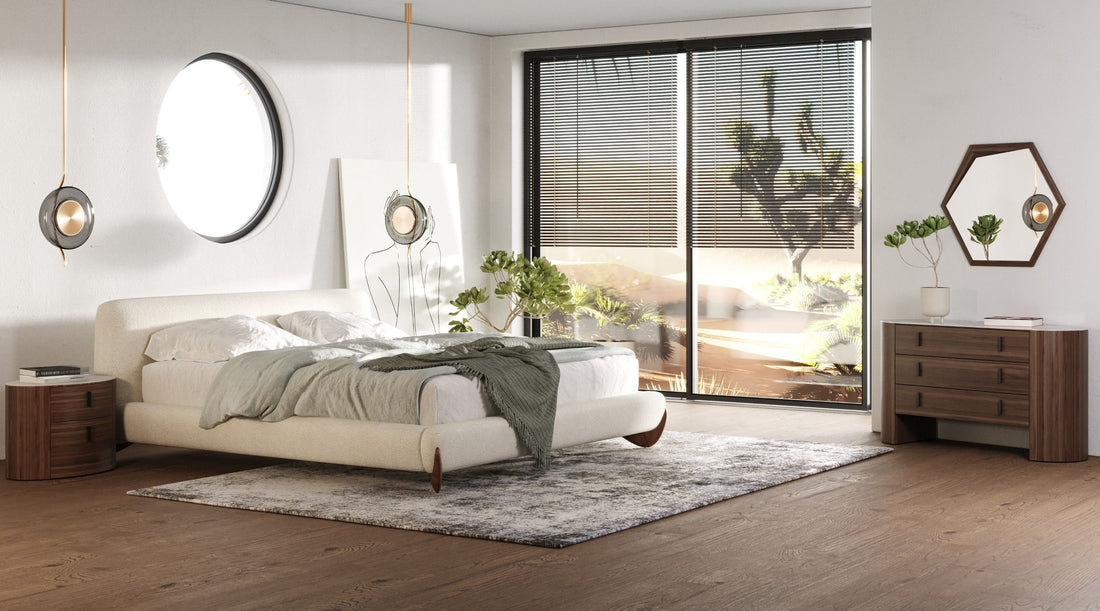 Modrest Fleury Cream Fabric & Walnut Bedroom Set showcasing elegance and comfort | Vrxco.com