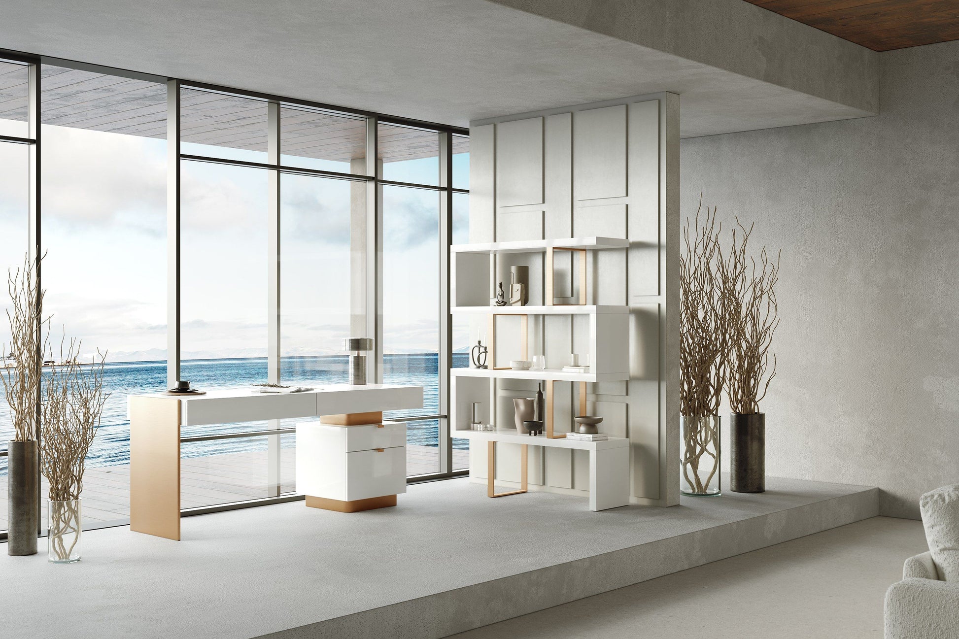 "Modrest Trahan Gloss White and Brushed Gold Office Desk - Modern office desk" | Vrxco.com