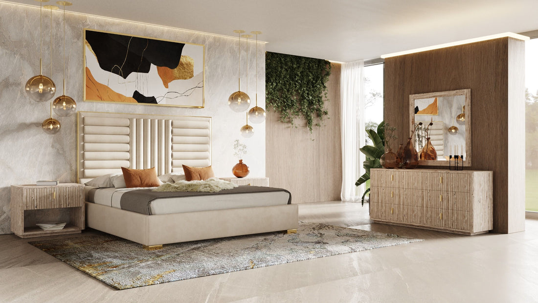 Nova Domus Daystar Beige & Gold Bedroom Set with opulent beige and gold accents | Vrxco.com