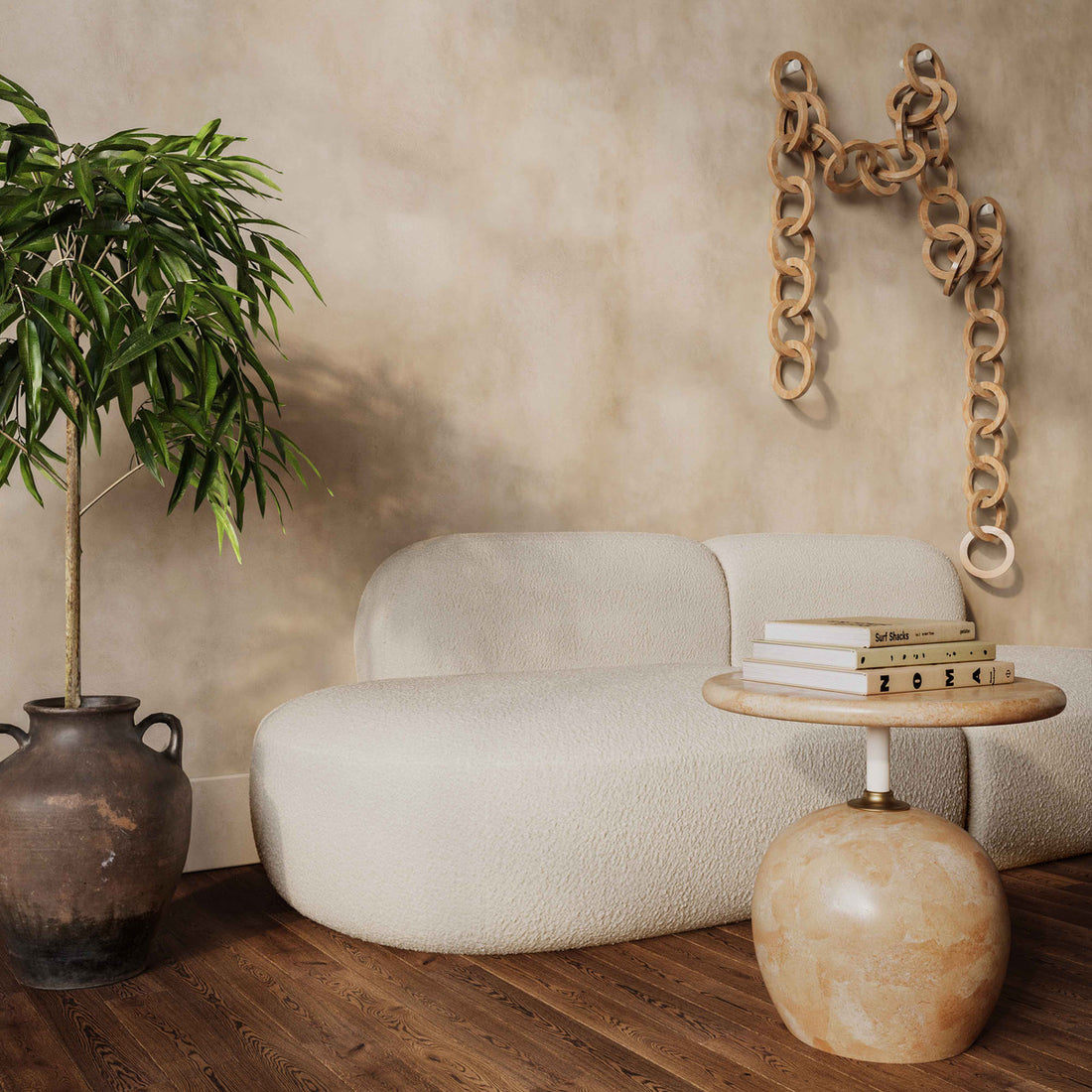 Broohah Sofa in Cream Boucle & Beige Linen Upholstery