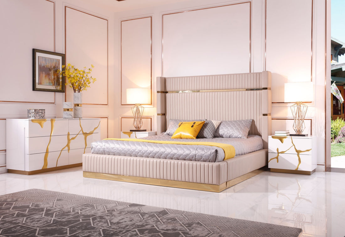 Modrest Sterling Beige & Gold Bedroom Set showcasing elegance and luxury | Vrxco.com 