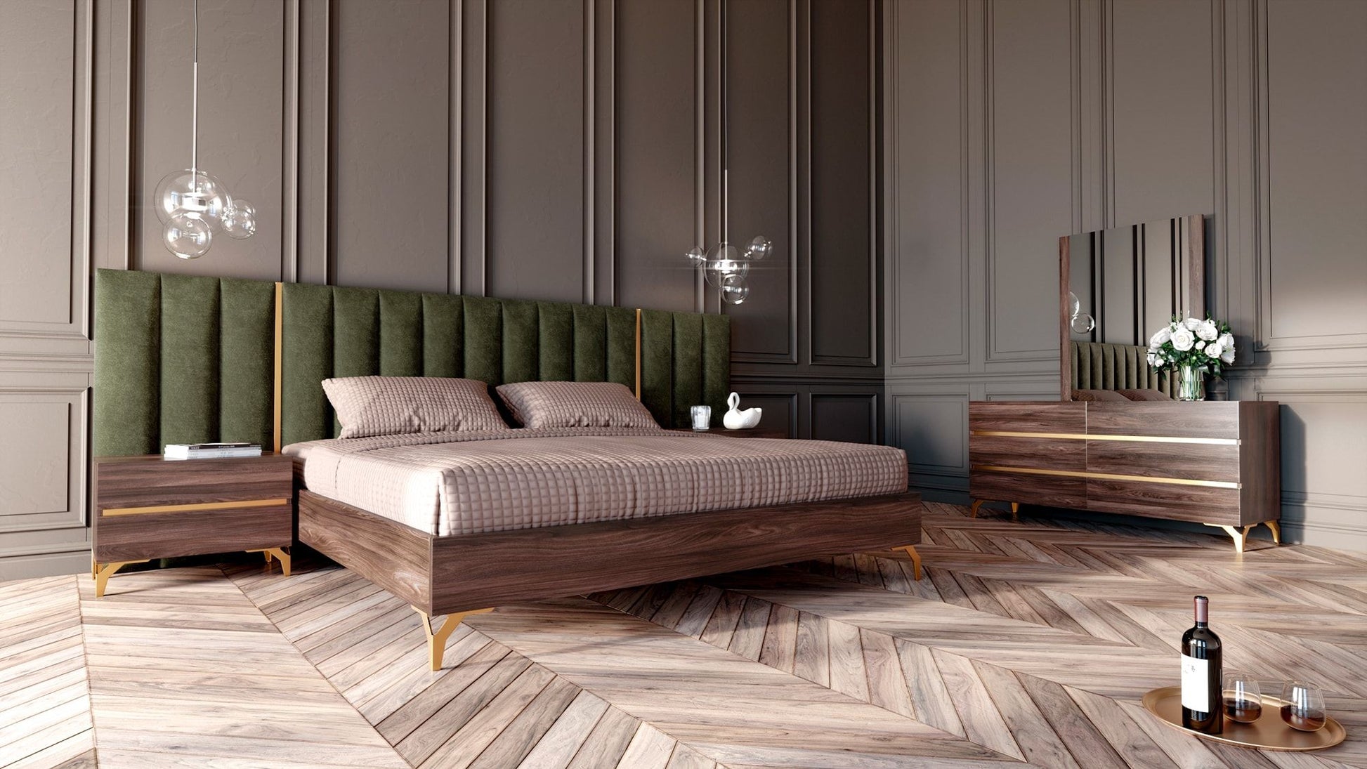 Nova Domus Calabria Modern Walnut & Green Velvet Bedroom Set with plush accents | Vrxco.com