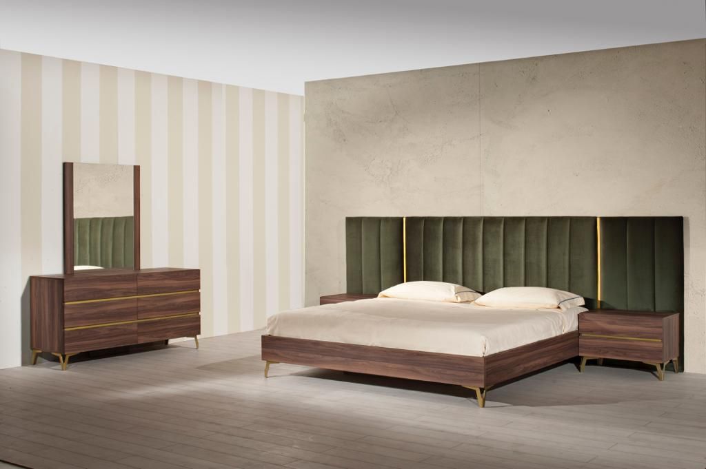 Nova Domus Calabria Modern Walnut & Green Velvet Bedroom Set with plush accents | Vrxco.com
