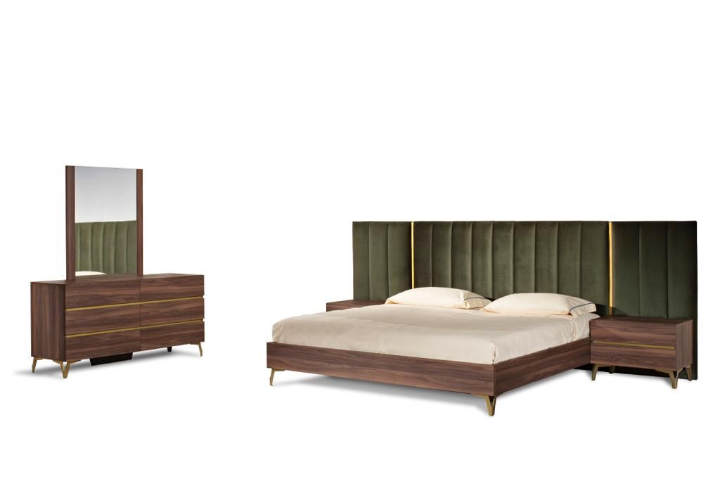 Nova Domus Calabria Modern Walnut & Green Velvet Bedroom Set with plush accents | Vrxco.com