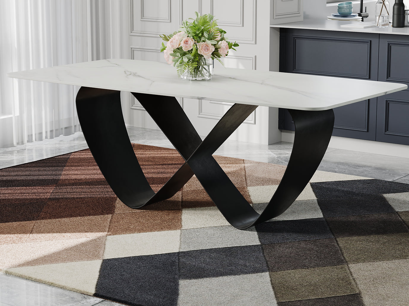 94.5" Glossy Sintered Stone Dinning Table, Butterfly Shape Carbon Steel Legs
