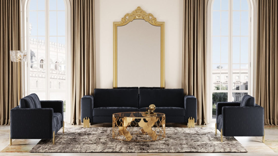 "Divani Casa Lori - Modern Velvet Glam Black & Gold Sofa Set - Luxurious and stylish living room furniture" | Vrxco.com