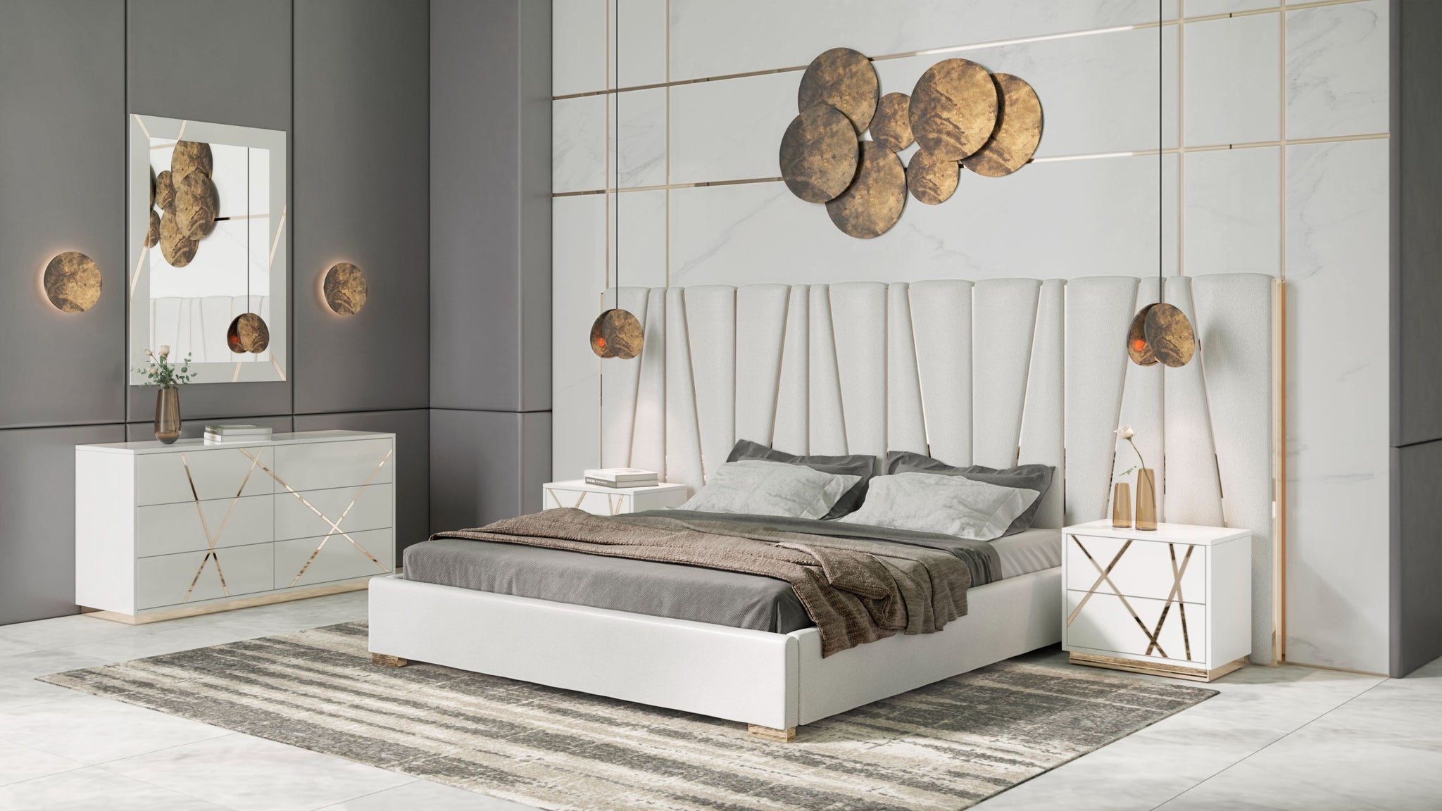 Modrest Nixa Modern White & Gold Bedroom Set showcasing luxury and modern design | Vrxco.com