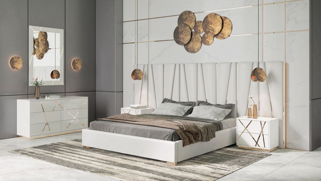 Modrest Nixa Modern White & Gold Bedroom Set showcasing luxury and modern design | Vrxco.com