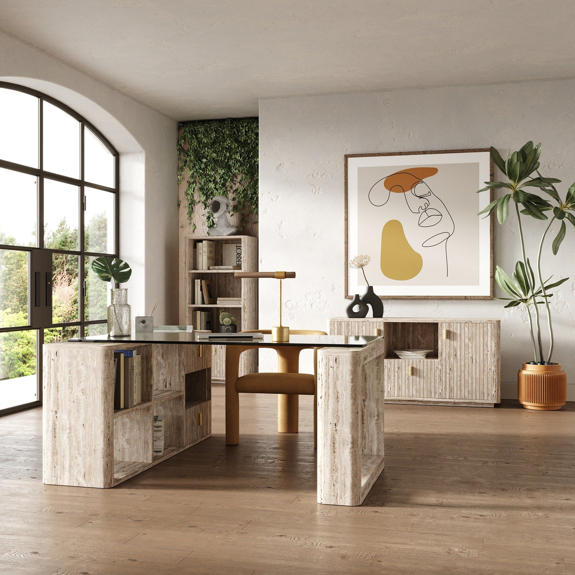 Nova Domus Roma Modern Glass Faux Travertine Reversible Desk with sleek design | Vrxco.com