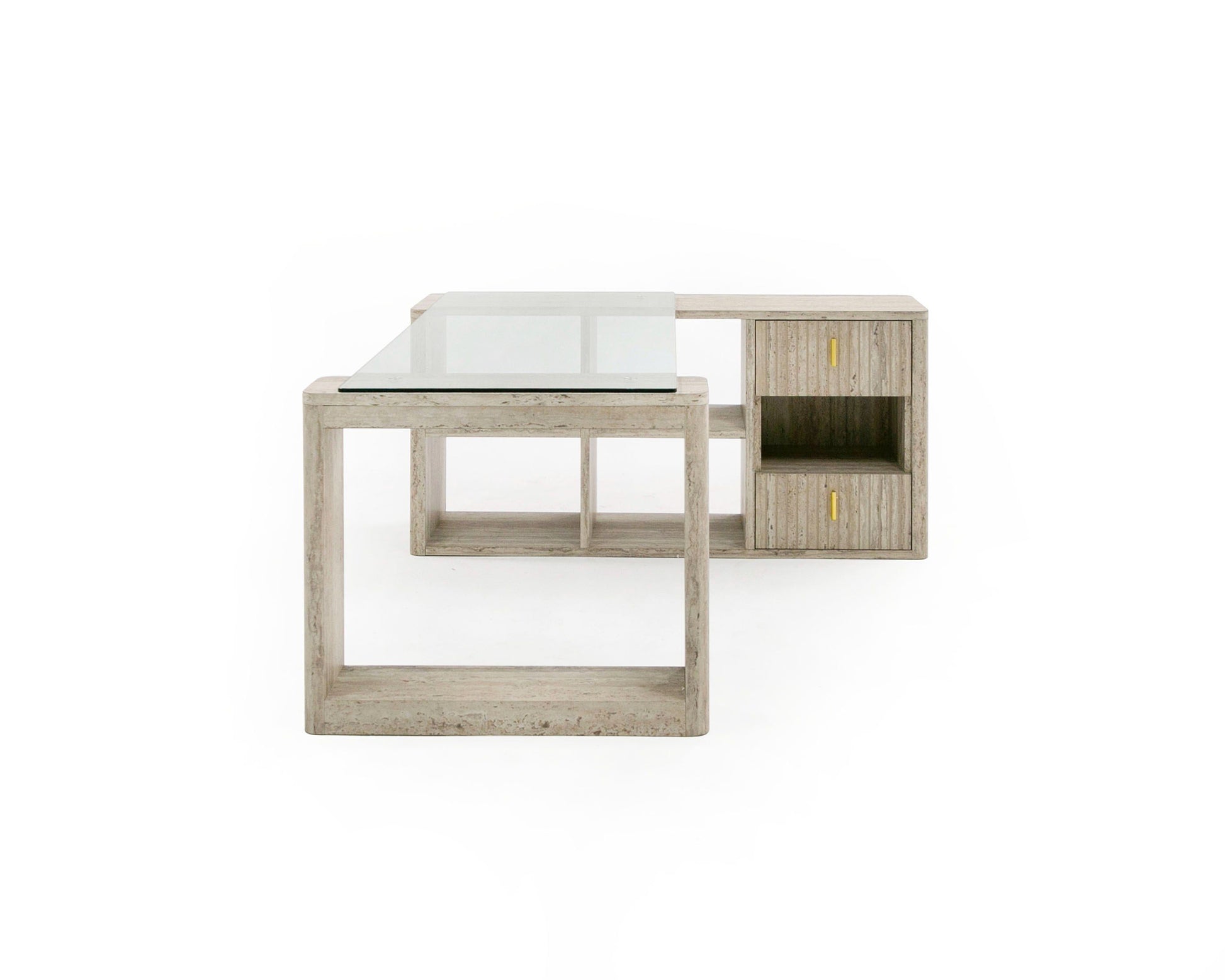 Nova Domus Roma Modern Glass Faux Travertine Reversible Desk with sleek design | Vrxco.com