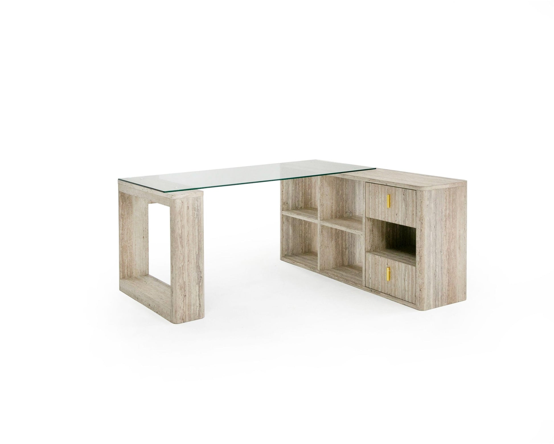 Nova Domus Roma Modern Glass Faux Travertine Reversible Desk with sleek design | Vrxco.com