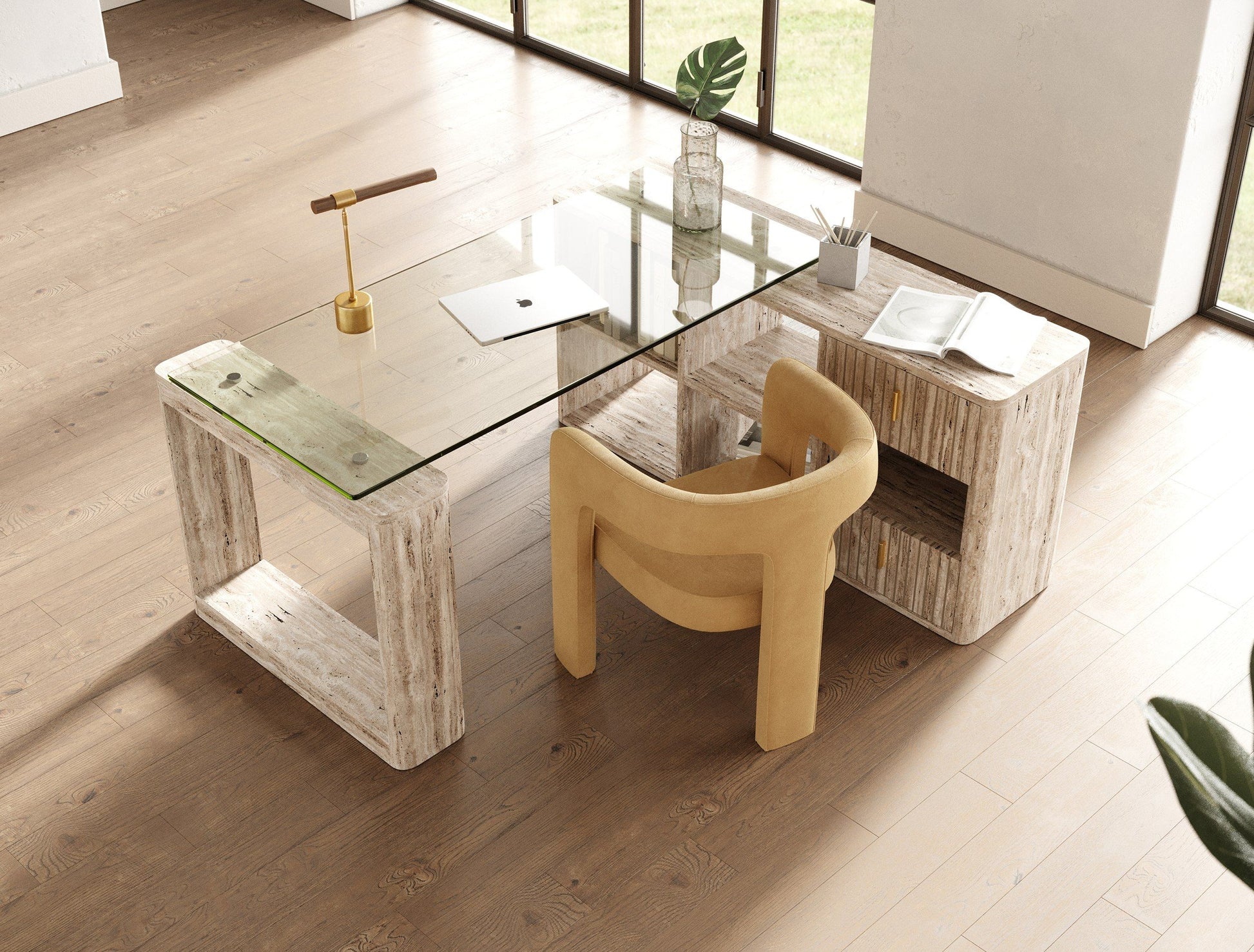 Nova Domus Roma Modern Glass Faux Travertine Reversible Desk with sleek design | Vrxco.com
